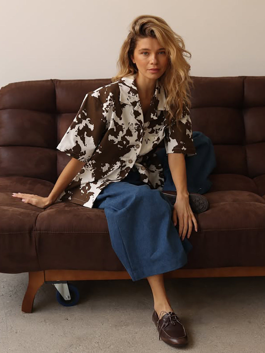 Loose Lapel Printed Short-Sleeved Jacket for Women