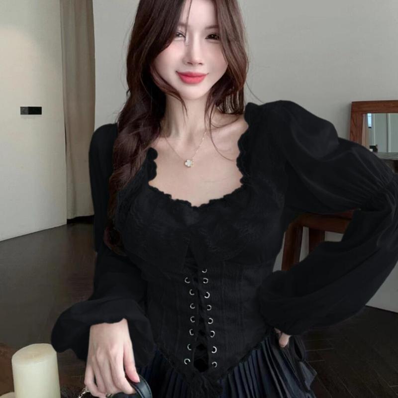 French Court-Style Lace-Up Blouse for Women