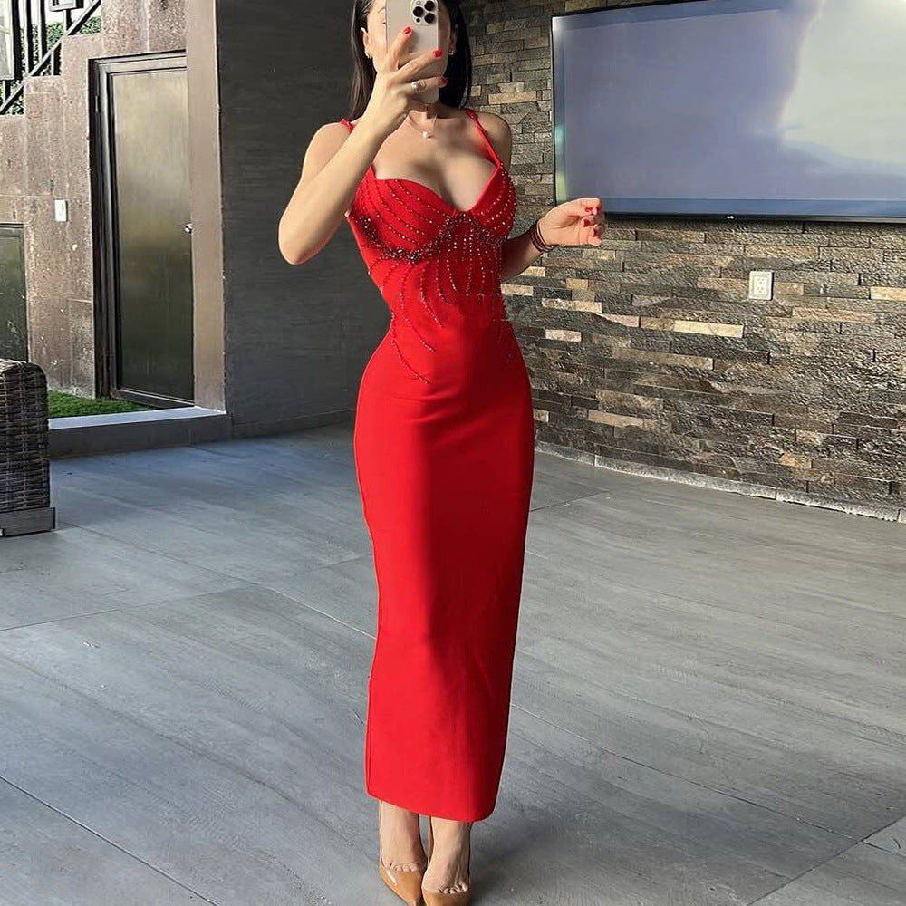 Beaded Rhinestone V-neck Bandage Dress