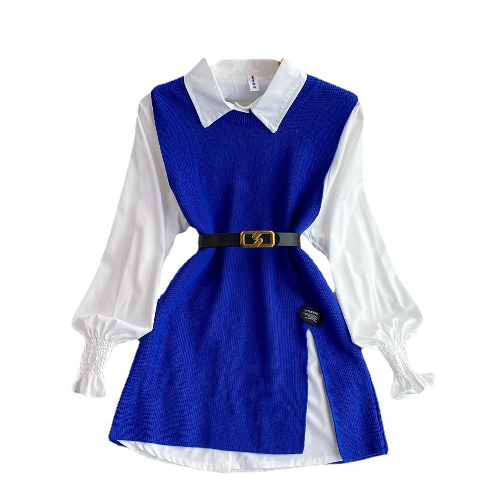 A two-piece loose knitted vest and shirt set for women