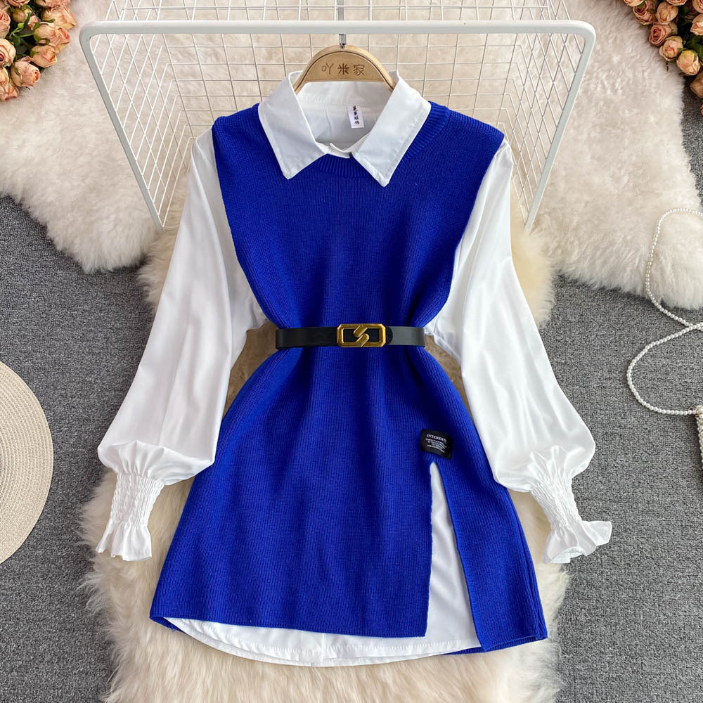 A two-piece loose knitted vest and shirt set for women