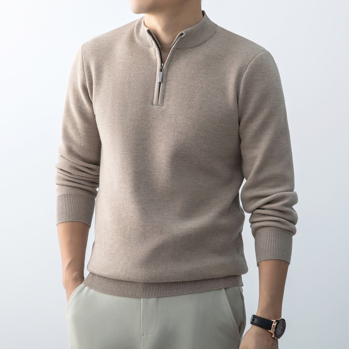 Men's Casual Fleece-Lined Knit Sweater with Zipper