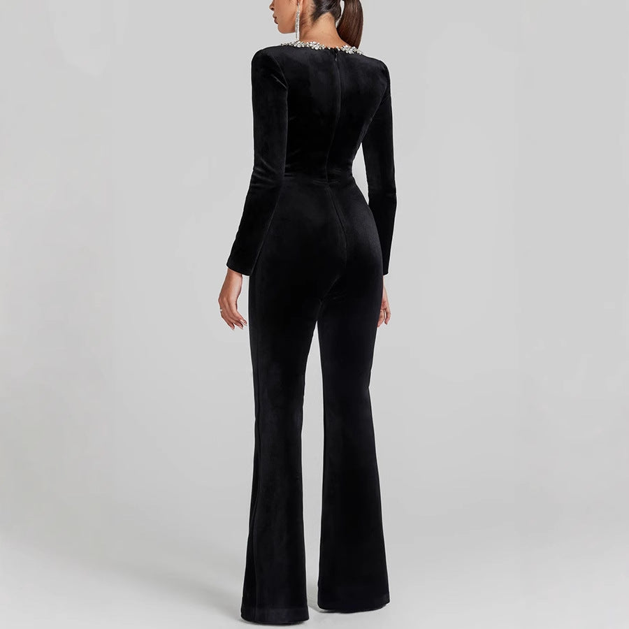 Draped with diamonds, velvet square-necked one-piece dress