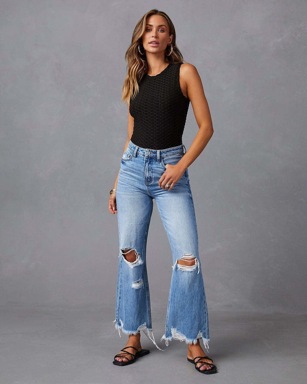 Ripped Tassel Washed Wide Leg Jeans