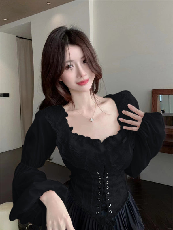 French Court-Style Lace-Up Blouse for Women