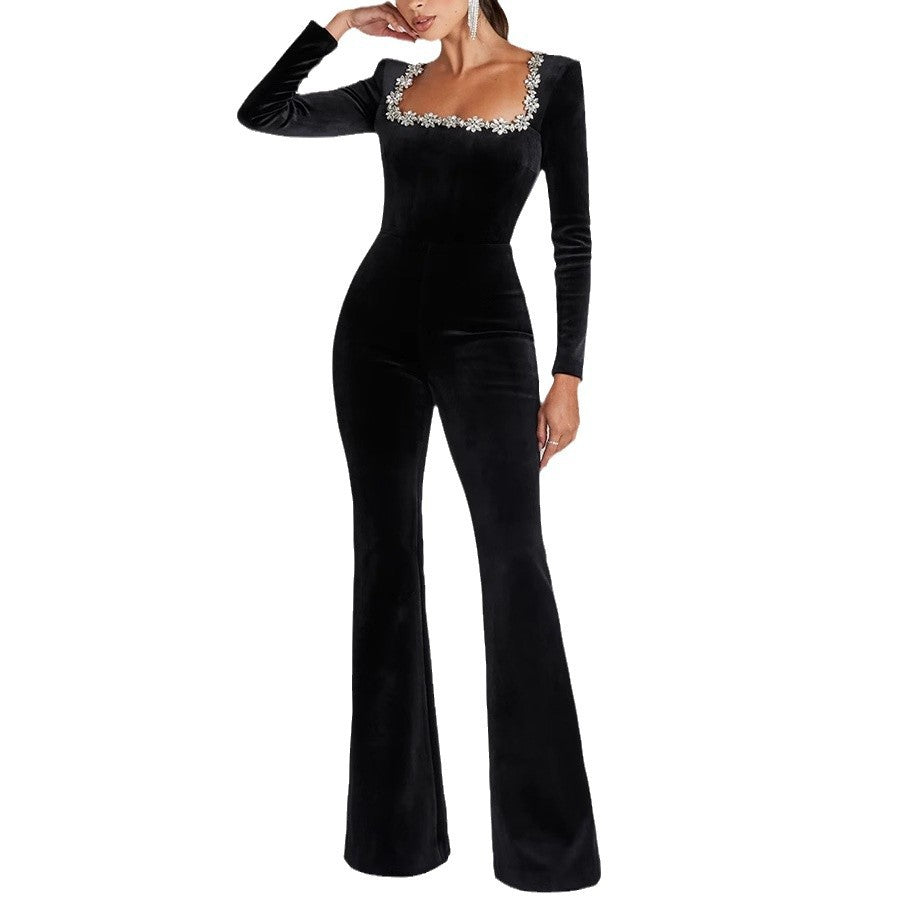 Draped with diamonds, velvet square-necked one-piece dress