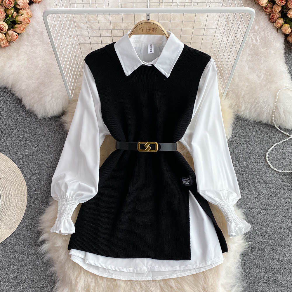 A two-piece loose knitted vest and shirt set for women