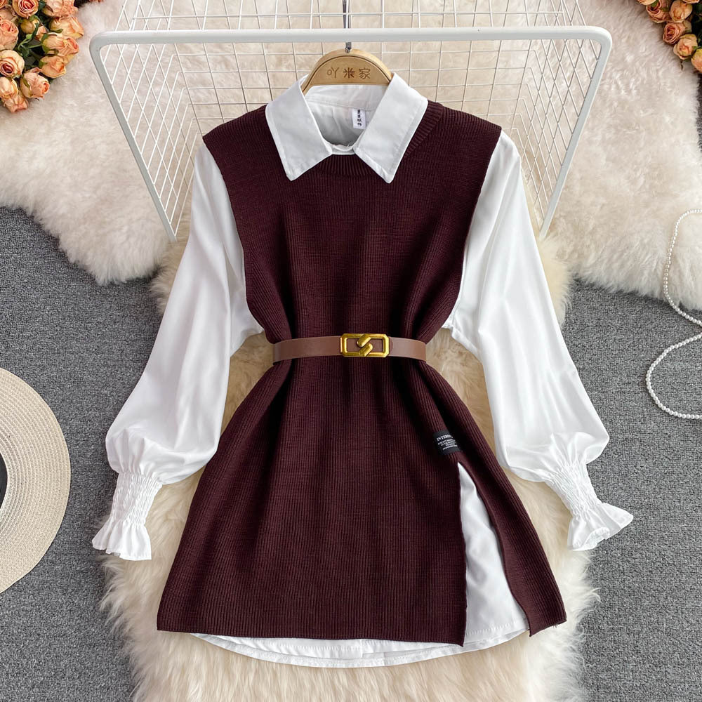 A two-piece loose knitted vest and shirt set for women