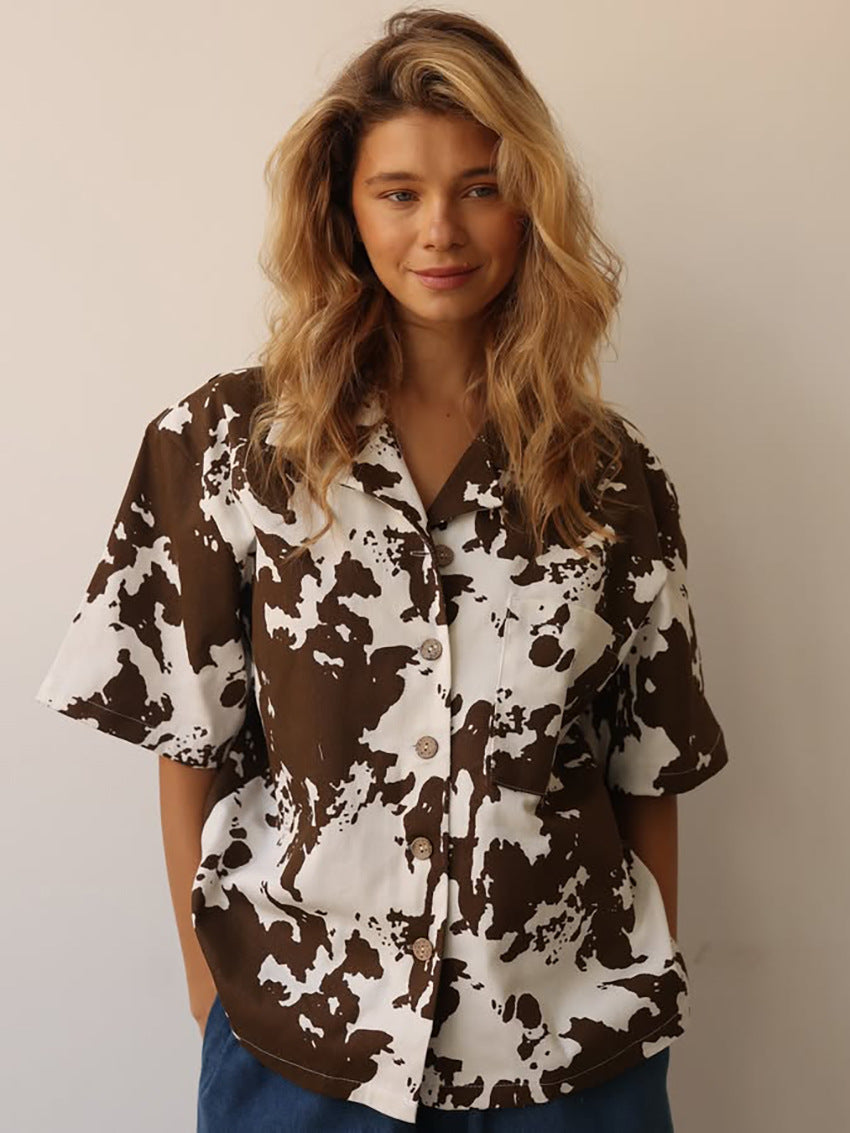 Loose Lapel Printed Short-Sleeved Jacket for Women