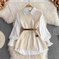 A two-piece loose knitted vest and shirt set for women