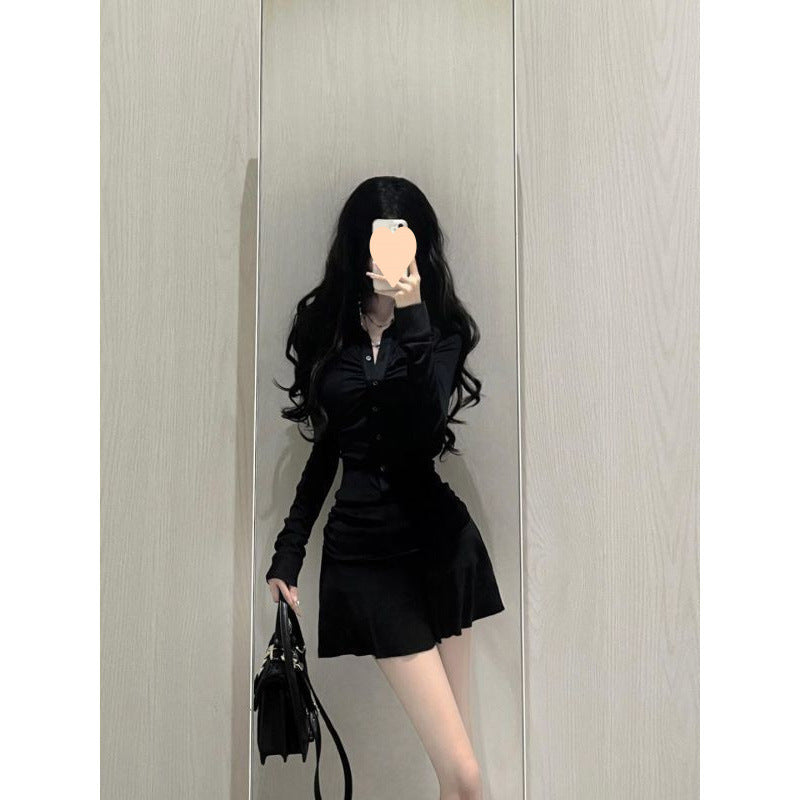 Black Pleated Long Sleeve Shirt Dress