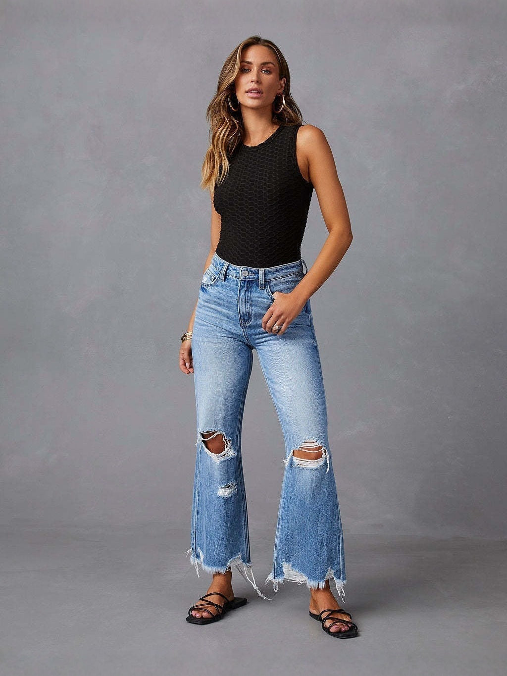 Ripped Tassel Washed Wide Leg Jeans