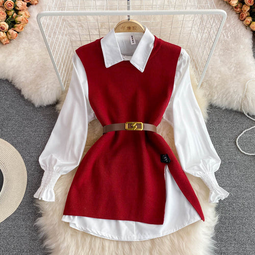 A two-piece loose knitted vest and shirt set for women