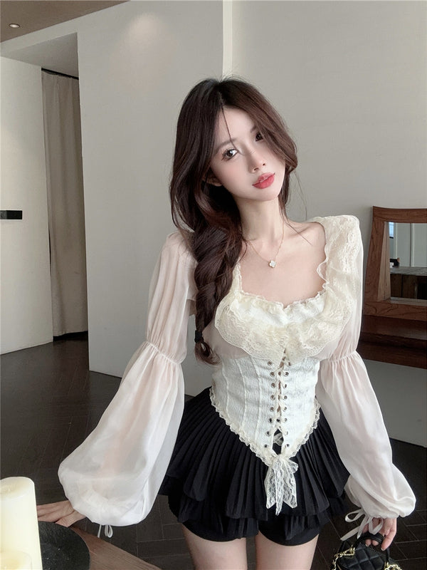French Court-Style Lace-Up Blouse for Women