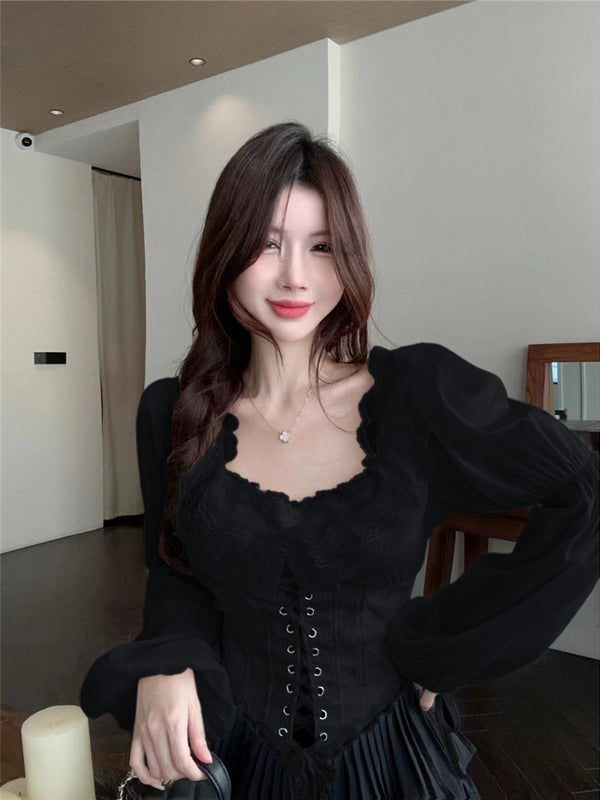 French Court-Style Lace-Up Blouse for Women
