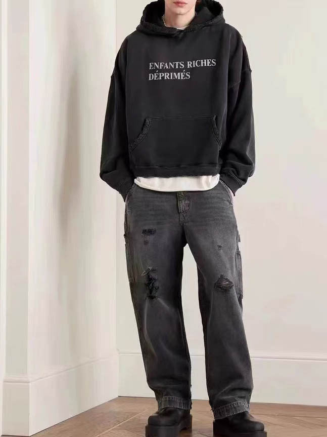 Erd Crazy Washed Distressed Loose Fit Hoodie Sweatshirt