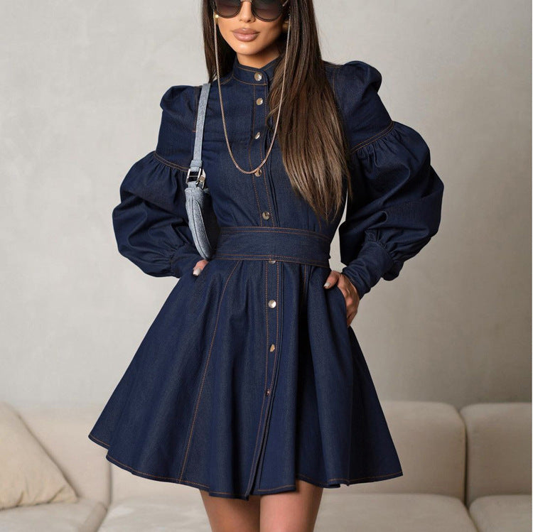 Denim Shirt Dress with Lantern Sleeves and Belt