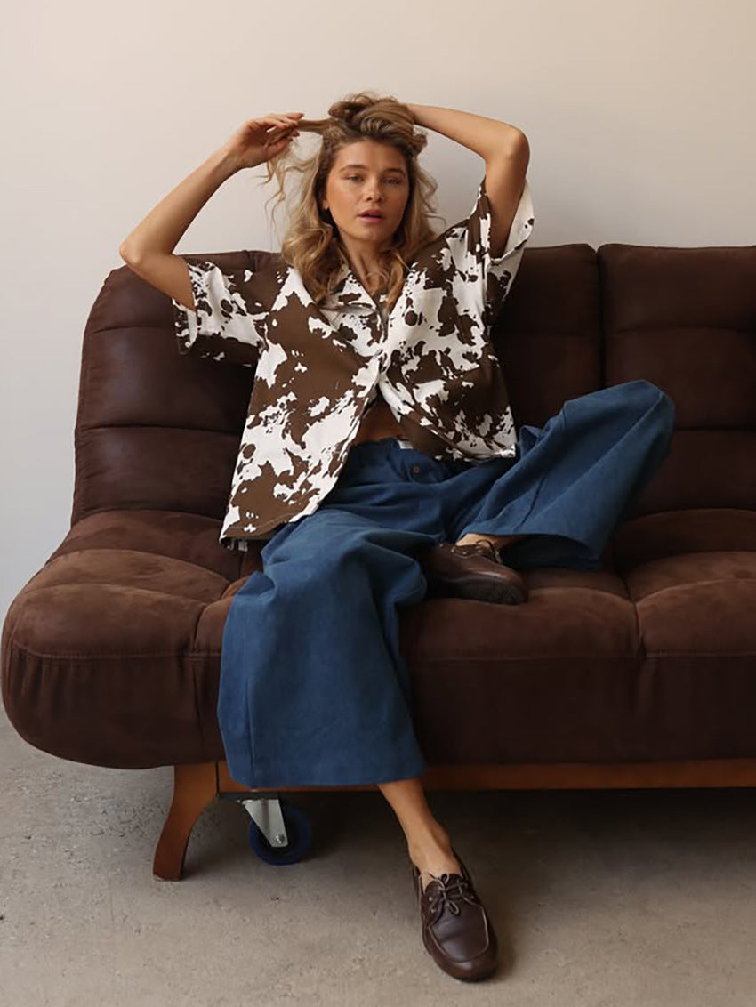 Loose Lapel Printed Short-Sleeved Jacket for Women