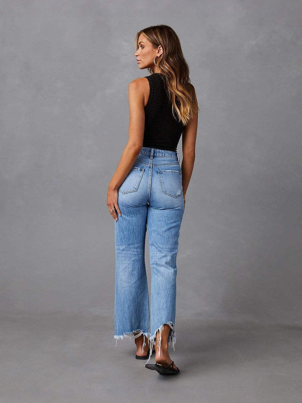 Ripped Tassel Washed Wide Leg Jeans