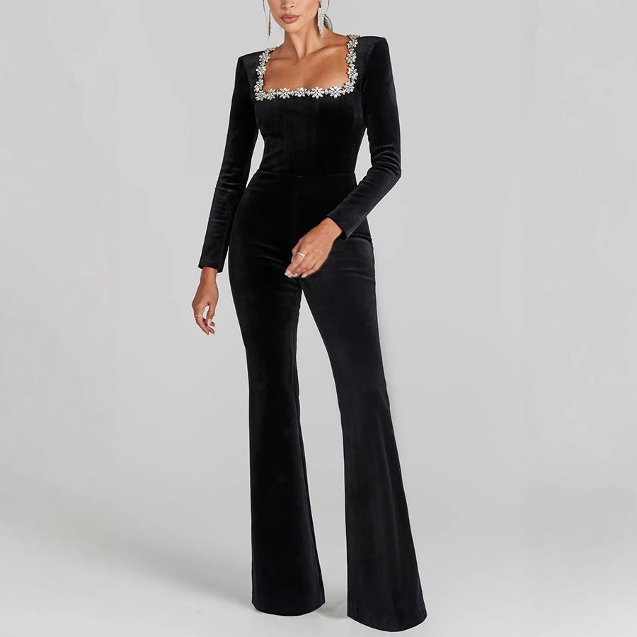 Draped with diamonds, velvet square-necked one-piece dress