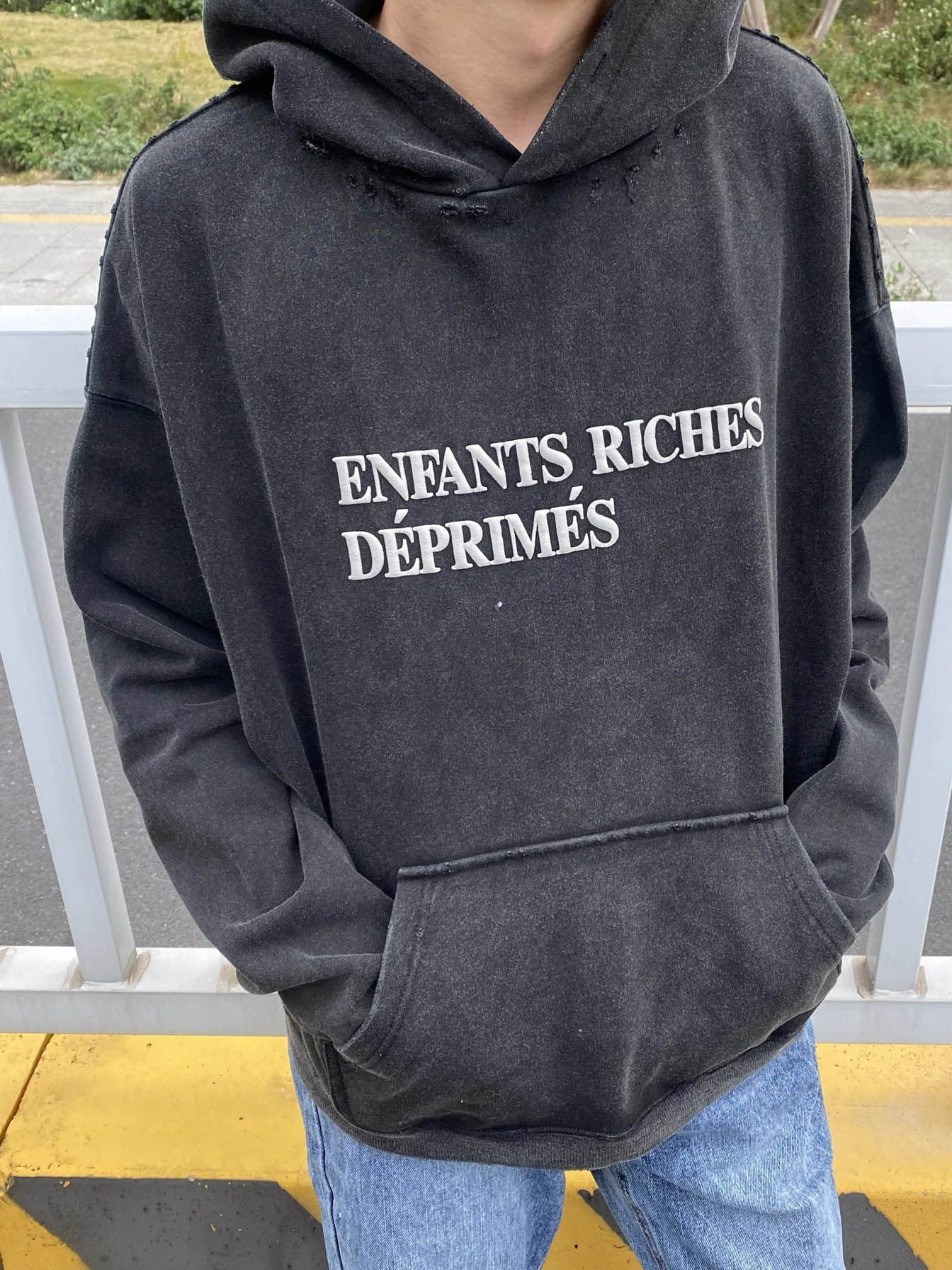 Erd Crazy Washed Distressed Loose Fit Hoodie Sweatshirt